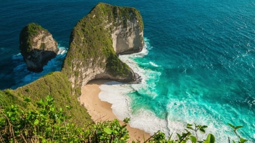 Aerial Kelingking Beach at Nusa Penida Island, Indonesia