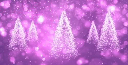 Sparkling Purple Christmas Trees with Falling Snow and Bokeh Lights