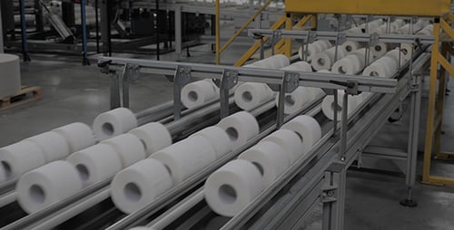 Toilet Paper Rolls Moving Along Conveyor Belt in Factory