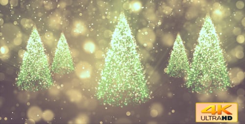 Sparkling Christmas Trees with Golden Bokeh and Falling Snow