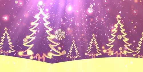 Festive Glowing Christmas Trees with Falling Snowflakes Background