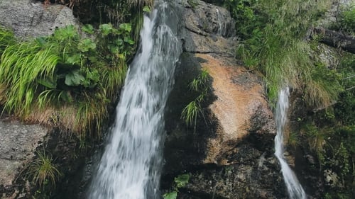 Poderosa cascada de montaña en el bosque