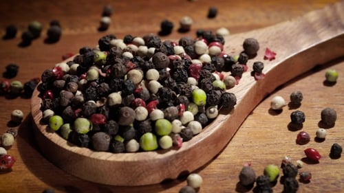 Colorful Peppercorns in Wooden Spoon, Close Up