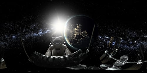 Un astronaute et une station spatiale internationale en orbitant autour de la Terre en réalité virtuelle