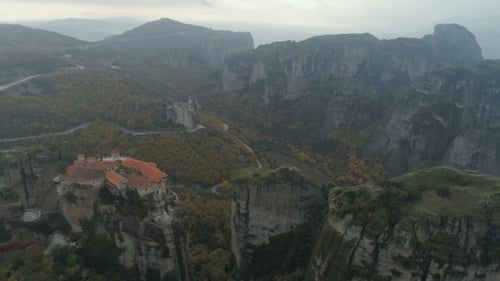 Aerial View of the Meteora Rocky Landscape and Monasteries in Greece.