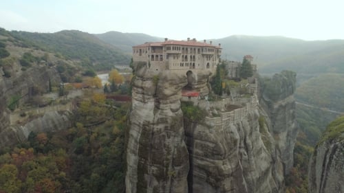 Aerial View of the Meteora Rocky Landscape and Monasteries in Greece.