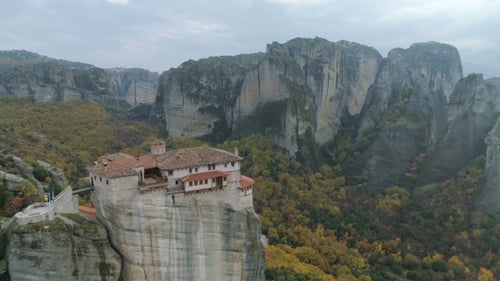 Aerial View of the Meteora Rocky Landscape and Monasteries in Greece.