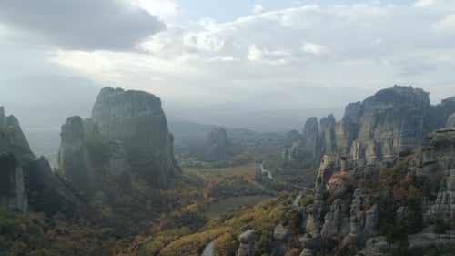 Aerial View of the Meteora Rocky Landscape and Monasteries in Greece.