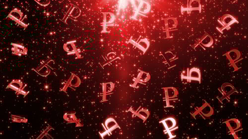 Futuristic Red Ruble Currency Symbols Falling Loop Background