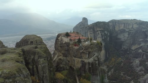 Aerial View of the Meteora Rocky Landscape and Monasteries in Greece.