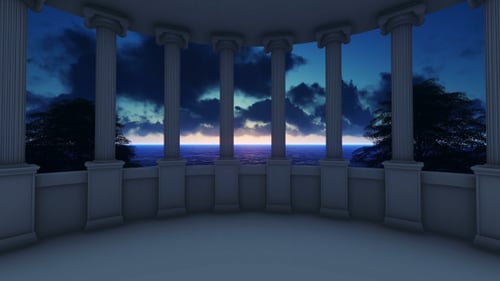Classical Columns Overlooking Serene Ocean at Twilight