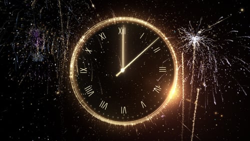 Golden Clock New Year Countdown with Sparkling Fireworks
