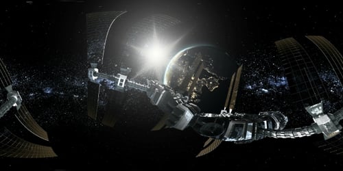 Un astronaute et une station spatiale internationale en orbitant autour de la Terre en réalité virtuelle