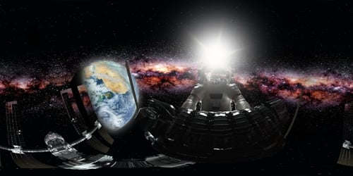 Un astronaute et une station spatiale internationale en orbitant autour de la Terre en réalité virtuelle