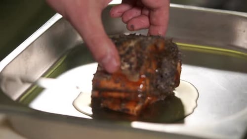 Close Up Shot of the Men's Hands, Who Prepares a Roll of Trout, He Put on Plate