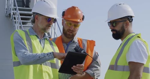 Ingenieros masculinos hablando sobre un parque eólico