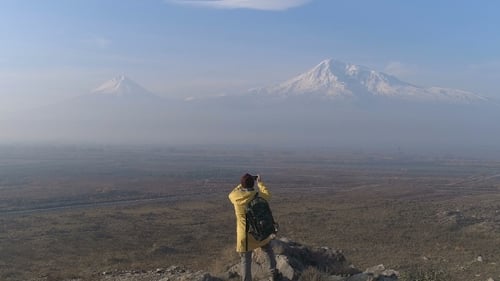 Aerial Hiker Take a Photo of Mountain at Phone