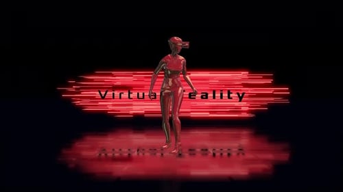 Futuristic Virtual Reality Scene with Glitching Text and Neon Frames