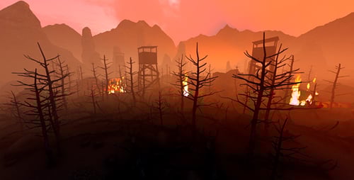 Desolate Landscape with Burning Trees and Watchtowers