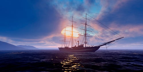 Majestic Tall Ship Sailing into Sunrise over Ocean