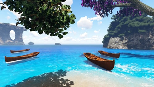 Tropical Beach Scene with Boats in Clear Blue Water Animation