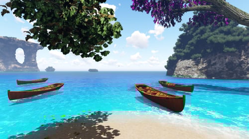 Animated Tropical Beach Ocean Paradise with Wooden Boats