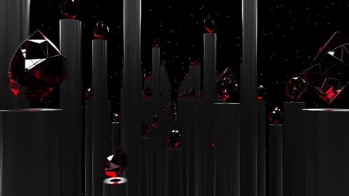Abstract 3D Geometric Pillars with Floating Red Crystals Motion Background