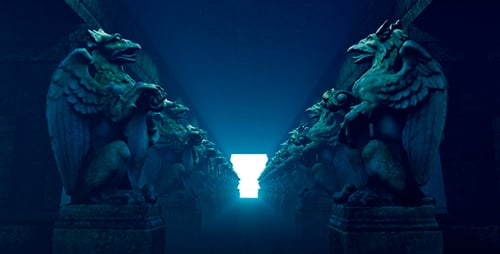 Ancient Gargoyle Corridor Opening to Bright Sky Reveal