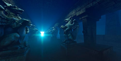 Corridor fantastique avec sculptures mystiques
