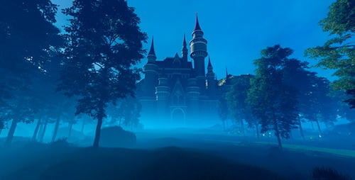 Fantástico castillo en el bosque de la mañana