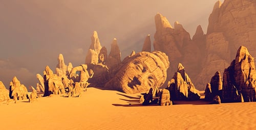 Desert Landscape Animation with Ancient Stone Sculptures