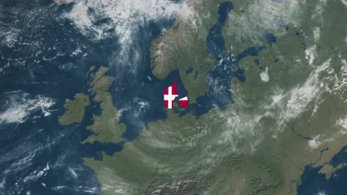 4K-Weltkarte von Dänemark mit einer Flagge (hervorgehoben)