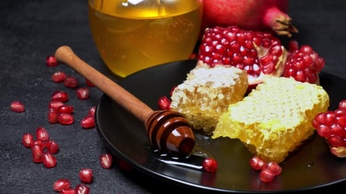 Fresh Honeycomb and Pomegranates Still Life