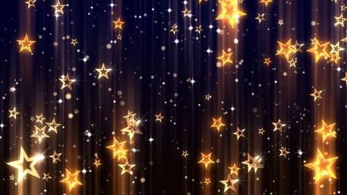 Sparkling Golden Stars Falling Down with Light Beams Background