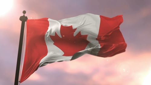 Realistic Canadian Flag Waving in Wind with Sunny Sky