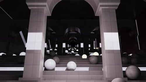 Abstract Geometric Spheres in Endless Modern Archway Corridor