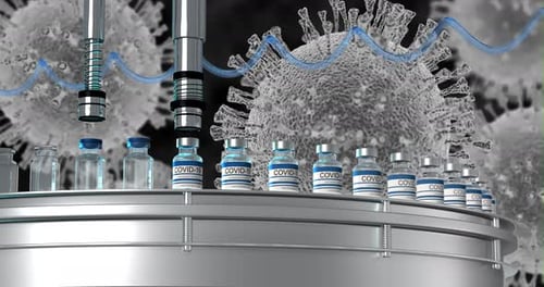 SARS-COV-2 (COVID-19) Massenproduktion des Coronavirus-Impfstoffs: Eine Maschine gießt den Impfstoff und versiegelt die Flasche