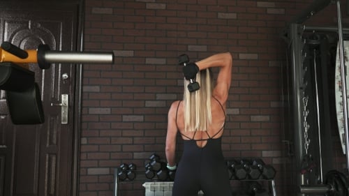 Fitness Woman Doing a French Press with a Dumbbell in the Gym