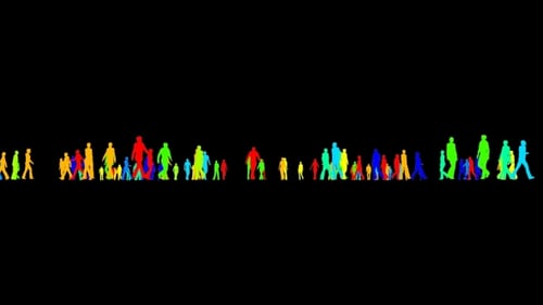 Colorful Silhouettes of Diverse People Walking on Black Background