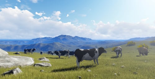 Cows Grazing on Green Pasture with Blue Sky and Mountains