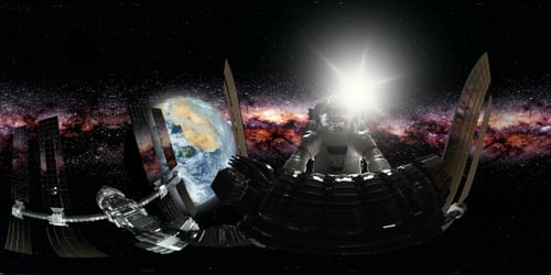 Un astronaute et une station spatiale internationale en orbitant autour de la Terre en réalité virtuelle