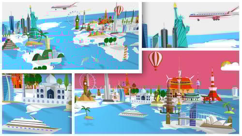 Animated Flat Design Global Travel Map with Landmarks