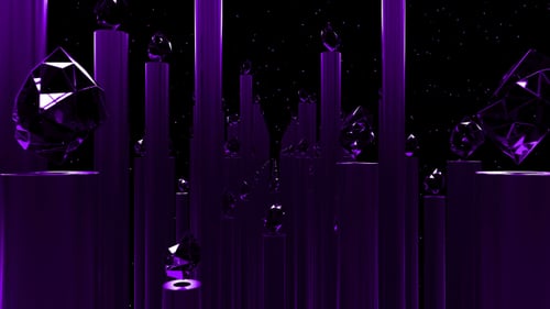 Abstract Purple Pillars and Floating Crystals Motion Background