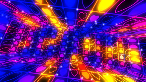 Pulsating Neon Hearts Grid Tunnel Background