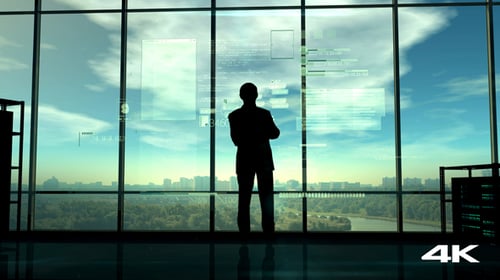 Futuristic Corporate Office with Holographic Data Interface