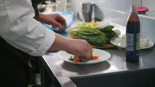 Chef Arranges a Salad in a Commercial Kitchen