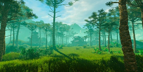 Misty Forest Landscape with Traditional Asian Architecture and Mountains