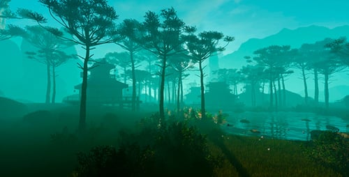 Cinematic Misty Forest with Traditional Asian Architecture and Lake