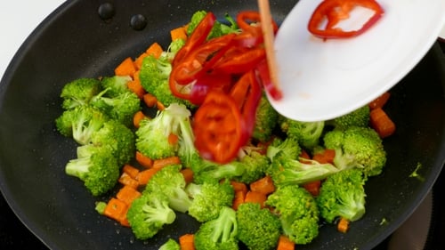 Cooking Fresh Vegetables in a Pan with Utensils