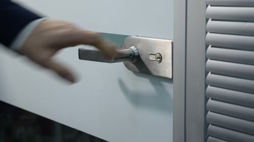 Business Office Life Concept, Male Hand Opens Glass Door Handle Man in Suit Enter Room Opening